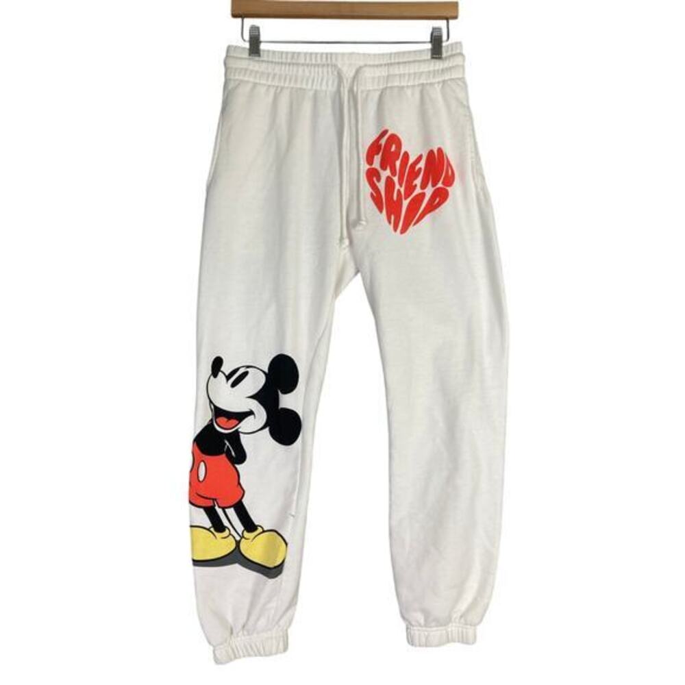 Disney Mickey Mouse Joggers Women M White Fleece Sweatpants Graphic Lounge